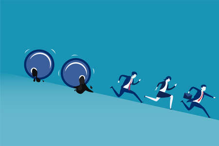 Oil price drop vector concept: Business people running downhill to avoid oil drumsのイラスト素材