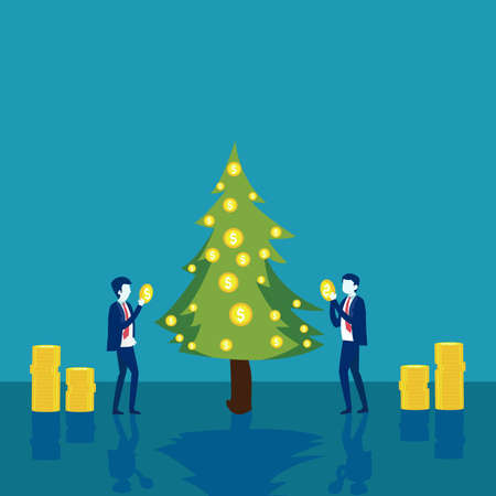 Business holidays vector concept: Businessman adding dollar coins to a christmas tree as ornamentsのイラスト素材
