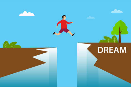 Leap of faith vector concept: man jumping through the cliff gap towards the Dream wordのイラスト素材