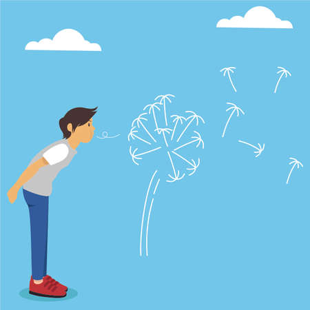 Blowball vector concept: male figure blowing the blowball dandelion over the cyan skies backgroundのイラスト素材