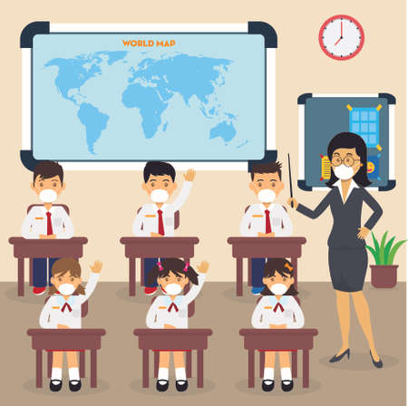 New Normal vector concept: Students and teacher wearing face mask in classのイラスト素材