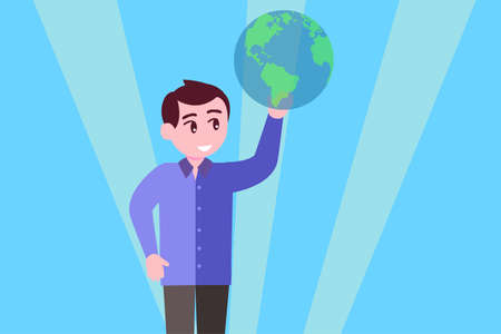Environmental vector concept: portrait of man spinning the globe on his finger happilyのイラスト素材
