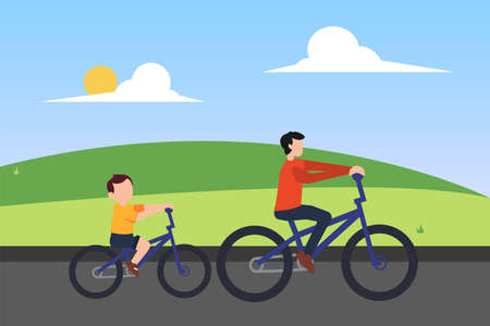 Father's Day vector concept: father riding bicycle with his son at the green hills fieldのイラスト素材