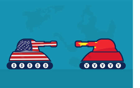 Trade war vector concept: tanks in USA and China national flags engaging each otherのイラスト素材