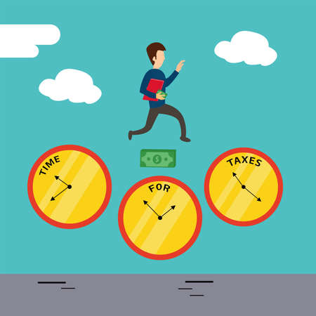 Time vector concept: male figure carrying documents while jumping and flying in hurry above the money and clock iconsのイラスト素材