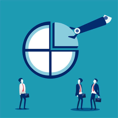 Business RPA Concept: Robotic arm grab a slice of an pie chart watched by other businessmenのイラスト素材