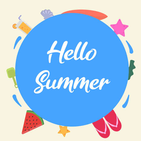 Hello Summer vector concept; blue circle written "Hello Summer" and summer objects surrounding in cream backgroundのイラスト素材