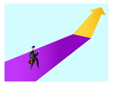 Business chart vector concept: businessman holding his suitcase while walking along the big purple arrow chartのイラスト素材