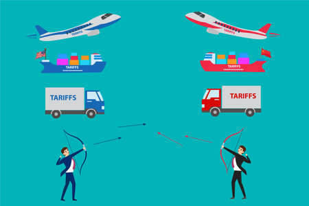 Trade War vector concept: two businessmen shooting arrows against each other below three shipping vehiclesのイラスト素材