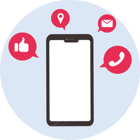 Social media vector concept; smartphone and social media bubbles above, in the cream background with gray circle shadesのイラスト素材