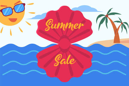 Summer sale vector concept with red scallop on the ocean water written "Summer Sale" with sun wearing sunglasses in the cornerのイラスト素材