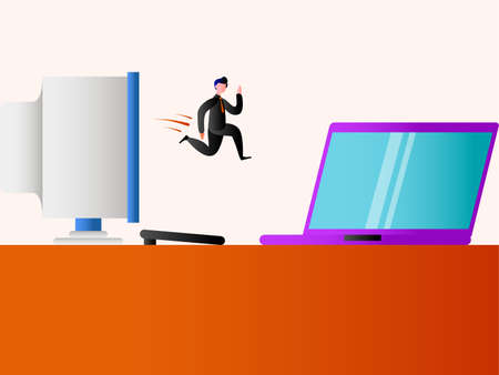 Business technology vector concept: Businessman jumping from a vintage PC monitor to modern laptop computerのイラスト素材