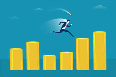 Business profit vector concept: businessman running along the stack of coinsのイラスト素材