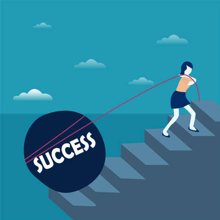 Success vector concept: businesswoman climbing the staircase while pulling and carrying the big boulder written Successのイラスト素材