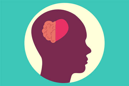Romance vector concept: half brain and love icon inside human figure head silhouetteのイラスト素材