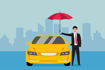 Car insurance vector concept: businessman protecting his car with red umbrellaのイラスト素材