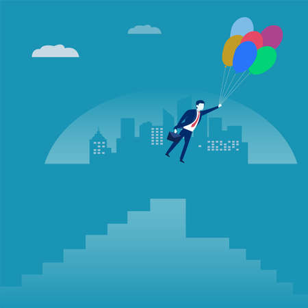 Business fantasy vector concept: male figure wearing a dark blue suit and holding a briefcase while hanging to floating balloons, flying through the cityのイラスト素材