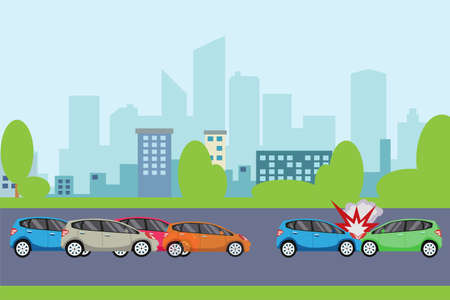 Traffic accident vector concept: two cars colliding each other on the road in the middle of heavy trafficのイラスト素材