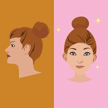 Face treatment vector concept with two aging and beautiful women faces comparison, in dual layer background with brown and pink colorsのイラスト素材