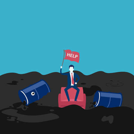 Oil price drop vector concept: Businessman sitting on sofa floating on oil holding a help flagのイラスト素材