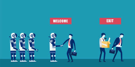RPA vector concept: businessman welcoming robots to a company replacing depressed manual human workersのイラスト素材