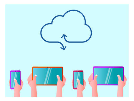 Cloud storage vector concept: people hands holding smartphones and tablets below the blue cloud iconのイラスト素材