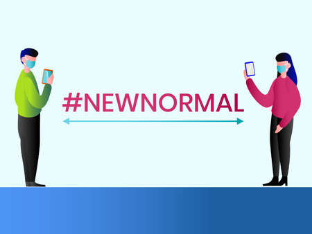 New Normal vector concept: The word new normal with people wearing face mask applying social distancing and using mobile phones to communicateのイラスト素材