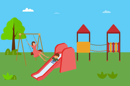 Motherhood vector concept: mother and son playing on swing and slideのイラスト素材