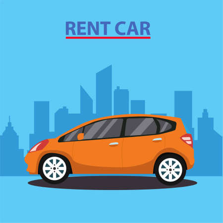 Rent car vector concept; orange car driving in the blue cityscape backgroundのイラスト素材