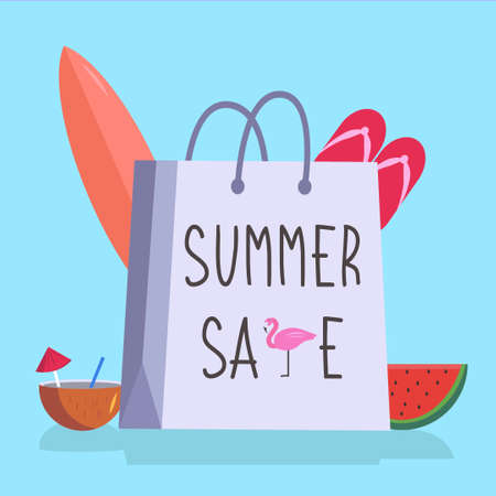 Summer sale vector concept with a shopping bag written "Summer Sale", filled with summer stuffs, in the blue aquamarine backgroundのイラスト素材