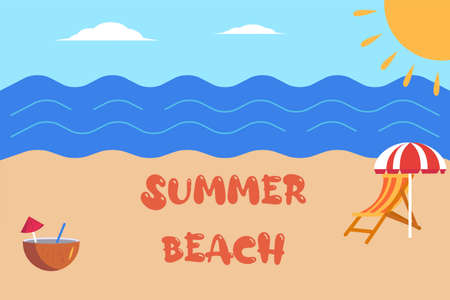 Summer beach vector concept with beach scenery, deck chair, and coconut drinkのイラスト素材