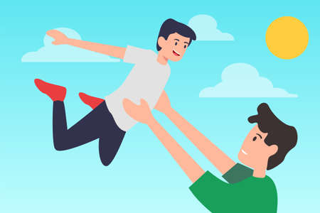 Fatherhood vector concept: portrait of male figure carrying and lifting his son joyfully at summer dayのイラスト素材