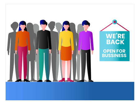 Business reopening vector concept: crowd of people standing besides We Are Back, Open for Business...