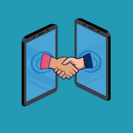 Business deal vector concept: hands shaking each other between two big mobile phonesのイラスト素材