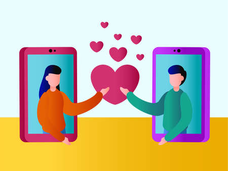Online dating vector concept: Couple meet online and having a relationshipのイラスト素材