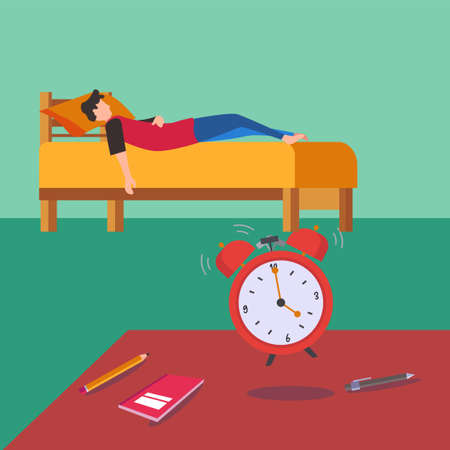 Waking up early vector concept with alarm clock ringing, while a boy figure sleeping on the bed in his cyan background bedroomのイラスト素材