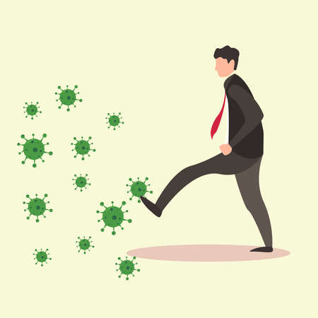 Coronavirus vector concept with male figure wearing a black suit, while kicking away the green viruses in cream backgroundのイラスト素材