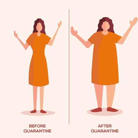 Coronavirus vector concept with before & after phase of a woman gaining weight after Coronavirus pandemic in the peach backgroundのイラスト素材