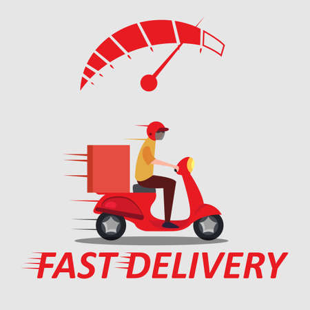 Package delivery vector concept with courier delivering a package with his scooter on the "Fast Delivery" text and under the speedometer icon in the white backgroundのイラスト素材