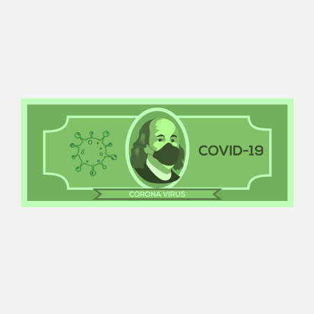 Covid-19 economy vector concept with Benjamin Franklin wearing face mask in the one hundred dollar caricature; in the white backgroundのイラスト素材