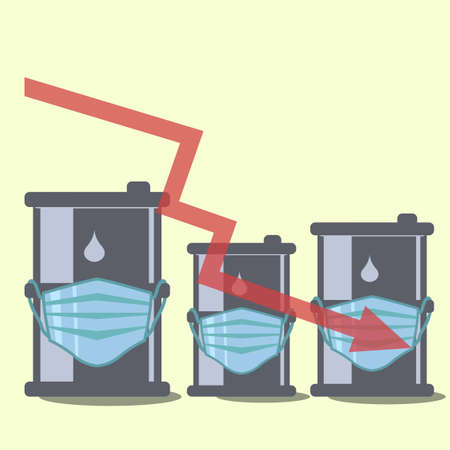 Coronavirus economy vector concept with declining green business chart arrow; in the white background with three oil drumsのイラスト素材