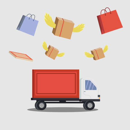 Package delivery vector concept with flying shopping bag & package boxes on the delivery truck in the white backgroundのイラスト素材