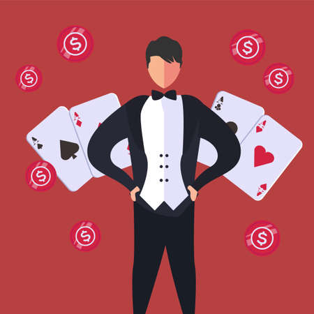 House dealer vector portrait concept with male figure wearing tuxedo while posing confidently in red...