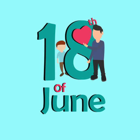 Happy Father's Day vector concept with father and son putting love shape into the eighteen number sign in the cyan backgroundのイラスト素材