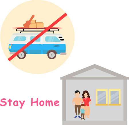 Covid-19 social distancing vector concept with group of family figures staying at home below the camping prohibition symbol in the white backgroundのイラスト素材