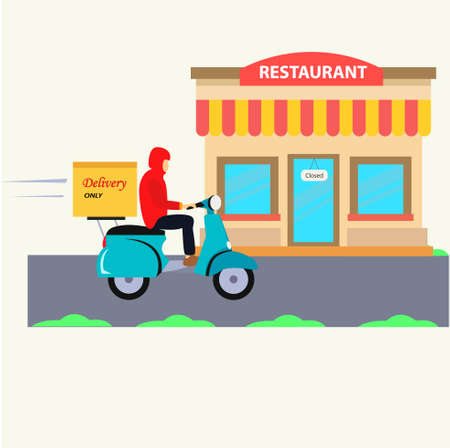 Covid-19 social distancing vector concept with delivery man riding his scooter while passing by his restaurant on the road in the white backgroundのイラスト素材