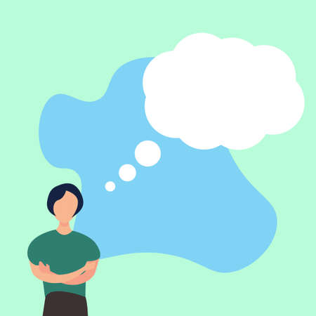 Portrait of faceless female figure thinking of something vector concept in green background, with blue shadesのイラスト素材