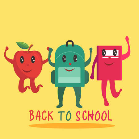 Back to school vector concept with school cartoon figures jumping together joyfully above "Back to School" text in the yellow backgroundのイラスト素材