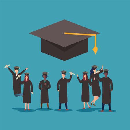 Graduation vector concept with university student figures wearing academic dress, while holding their diploma certificate joyfully below the big toga icon in blue backgroundのイラスト素材