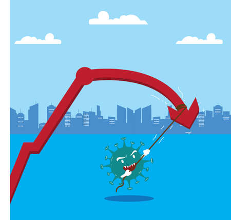 Coronavirus economy crisis vector concept with red arrow chart falling & being pulled down by the coronavirus in blue cityscape backgroundのイラスト素材